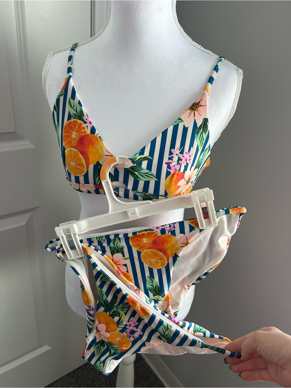 Striped Tropical Orange Print Bikini - Blue & Orange